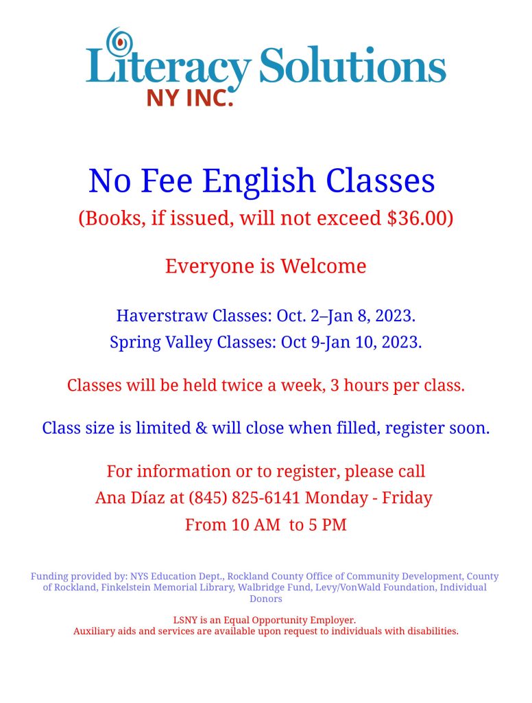 Fall 2023 Rockland English Classes! - Literacy Solutions NY Inc